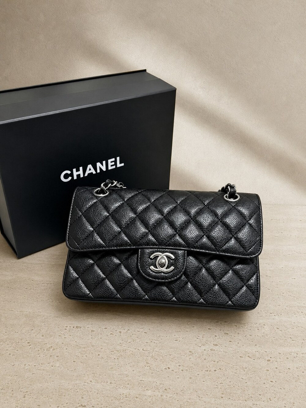 Chanel Black Caviar Leather Designer Handbag | Classic Flap Bag